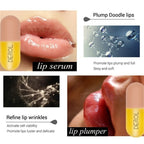 Lip serum and lip plumper with close-up of lips and product packaging.