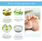 Illustration of plant ingredients with their benefits and a close-up of baby feet.
