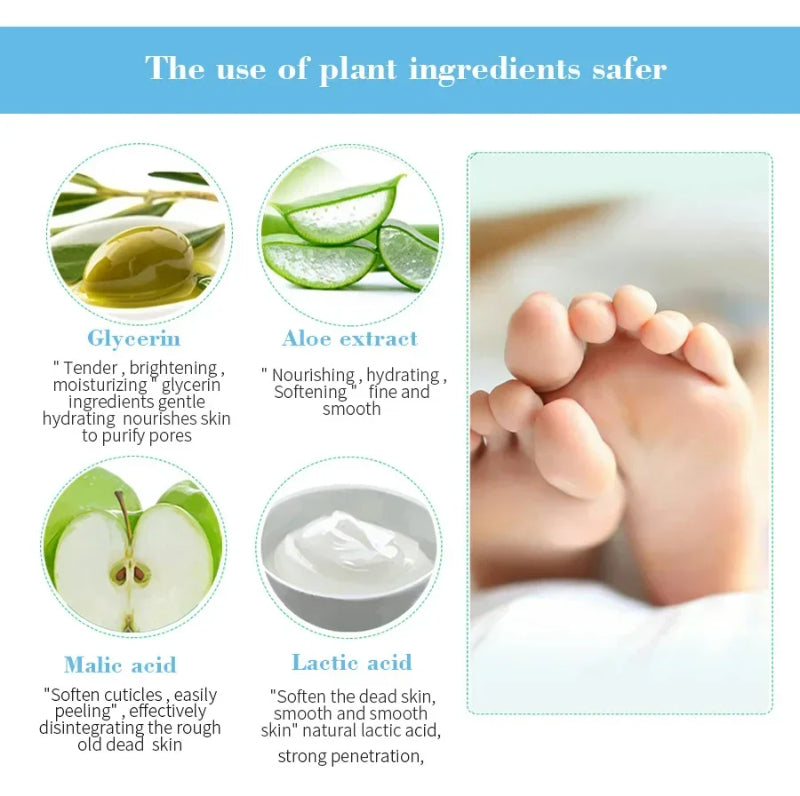 Illustration of plant ingredients with their benefits and a close-up of baby feet.