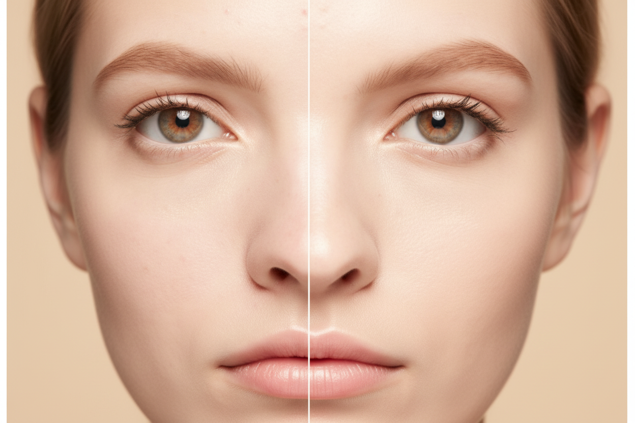 Before and after comparison of a woman's face with a focus on skin texture.