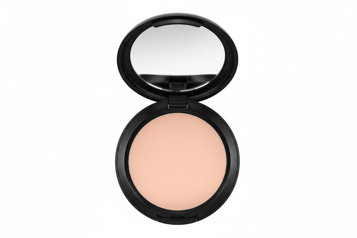 Compact powder in a black case on a white background