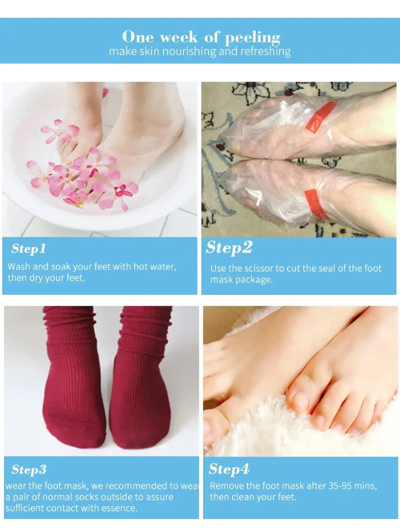 Step-by-step guide on using a foot mask with images and text instructions.