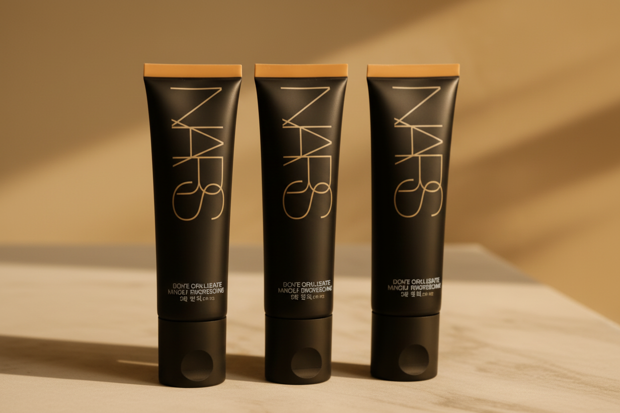 Three black tubes of cream on a beige background