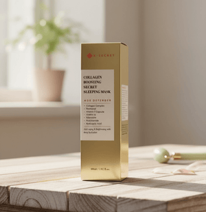 Collagen boosting secret sleeping mask packaging on a wooden surface with a neutral background