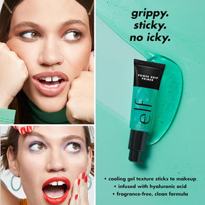 Advertisement for e.l.f. Power Grip Primer with a woman applying makeup and product close-up on a teal background.