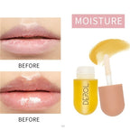 Lip balm packaging with 'MOISTURE' label and before-and-after comparison of lips.