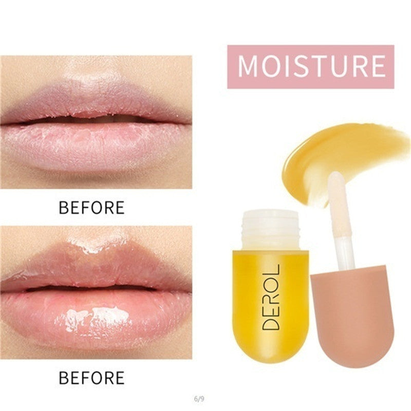 Lip balm packaging with 'MOISTURE' label and before-and-after comparison of lips.