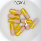 Yellow and beige DEROL lip balm tubes on a white plate with 'DEROL' branding.