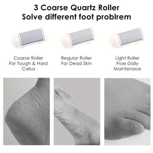 Three quartz rollers for foot care with text describing their uses.