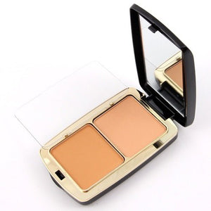 Compact makeup case with two beige shades on a white background