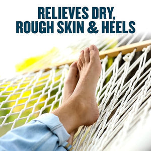Person's feet relaxing in a hammock with text 'Relieves dry, rough skin & heels'.