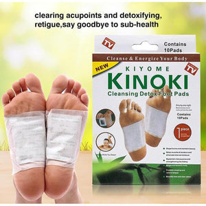 Kiyome Kinoki Cleansing Detox Foot Pads packaging with feet wearing the pads on a blurred natural background.