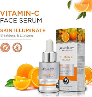 Astellberry Vitamin-C face serum with packaging and oranges on a white background
