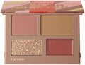 Makeup palette with four color swatches and a glittery square on a pink background