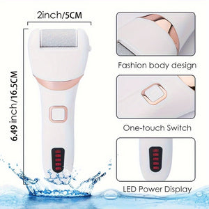 Electric shaver with dimensions, design features, and power display on a white background.