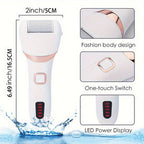 Electric shaver with dimensions, design features, and power display on a white background.