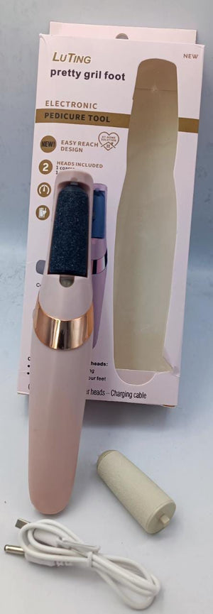 Electronic pedicure tool with packaging on a light gray background