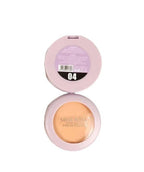 Makeup compact with pink lid and beige powder on a white background
