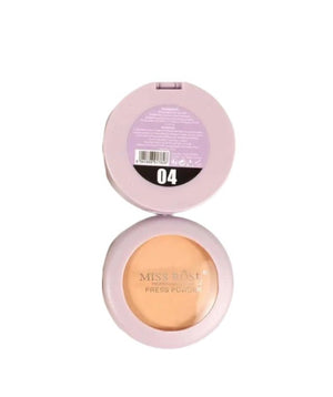 Makeup compact with pink lid and beige powder on a white background