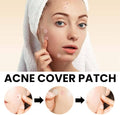 Woman applying acne cover patches with text 'Acne Cover Patch' on a beige background